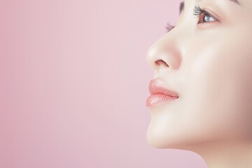 Serene Asian Woman Profile with Flawless Skin on Pastel Pink Background