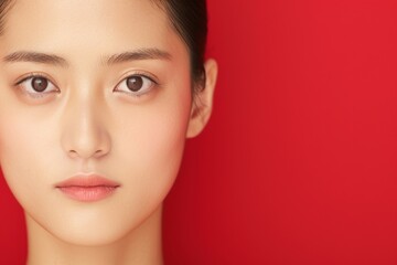 Naklejka premium Serene Asian Beauty Portrait with Elegant Simplicity on Red Background