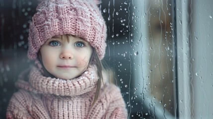 little girl in knitted pink hat and sweater looks out of rain-drenched window