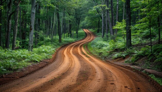 Winding dirt road leading through lush green forest