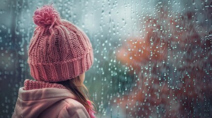 little girl in knitted pink hat and sweater stands at rain-drenched window