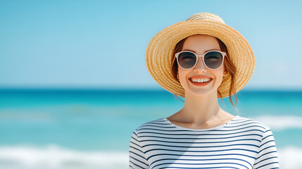 Happy Woman in Summer Hat and Sunglasses at the Beach