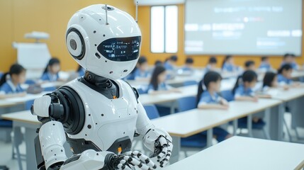 In a contemporary classroom, robotic aides support pupils with learning impairments.