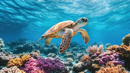 Obraz premium A sea turtle in the Maldives, swimming over a coral reef, with the vibrant underwater scenery captured in close detail.