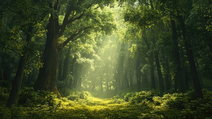 A serene, enchanted forest with towering trees, rich greenery, and dappled light creating a fairytale-like atmosphere.