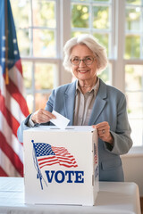 Senior Citizen Proudly Participating in Democracy. A smiling elderly white woman with glasses and white hair is shown at a polling station, symbolizing active civic participation and pride. 