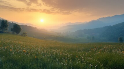 A serene sunrise over the Carpathian mountains, with grassy fields stretching out under the soft morning light.