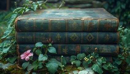 a stack of books with flowers