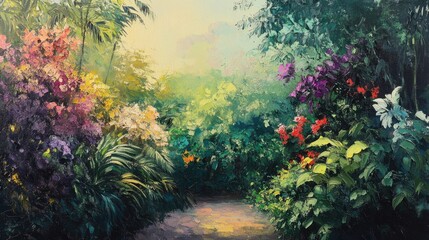 A stunning oil painting of a lush garden, with a rich palette of flowers and foliage, capturing the beauty of nature.