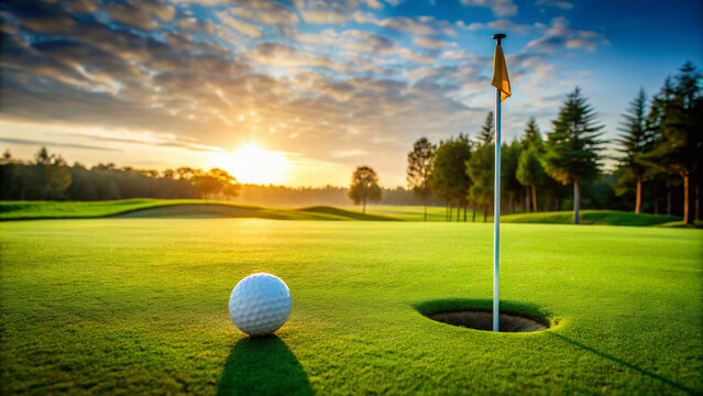 A lone golf ball rests on the edge of a lush green, inches from the hole, with the flagstick standing tall in the background.