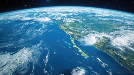 A stunning view of Earth from space, showcasing the planets blue oceans, green landmasses, and white clouds.