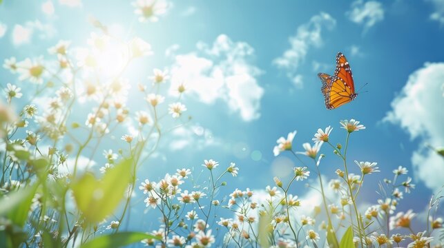 Beautiful summer meadow with white summer flowers and a flying butterfly on a sunny blue sky background