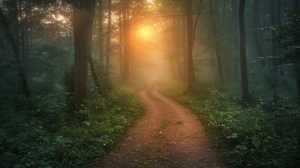 Fototapeta premium A forest path at dawn, photo style, cool tones, natural light, misty atmosphere