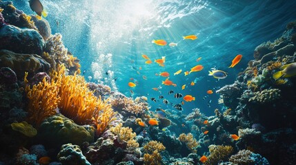 A thriving underwater ecosystem, with a coral reef full of life as fish swim freely among the corals.