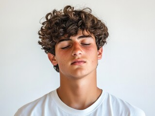 Fototapeta premium Young man with curly hair meditating against a plain background