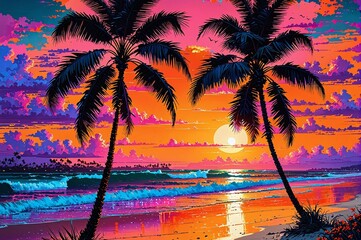 A beautiful painting of a beach with palm trees and a sunset