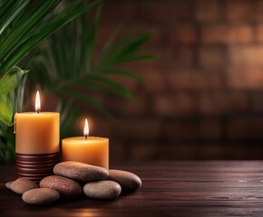 Tranquil zen background with candles and stones for relaxation