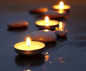 Calm zen setting with candles and stones in a tranquil ambiance