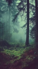 Fototapeta premium Abstract Enchanting Anime-Style Misty Forest: Ethereal Winter Dreamscape meets Haunting Halloween Night. Surreal Fusion of Seasons with Towering Trees, Vibrant Colors, and Eerie Shadows. Captivating 4