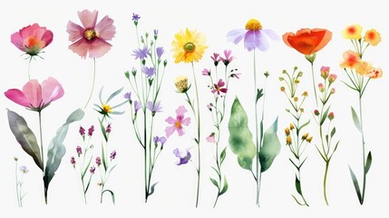 Wild flowers set, watercolor digital illustration. Perfectly for poster, card design. Mother's Day, Birthday