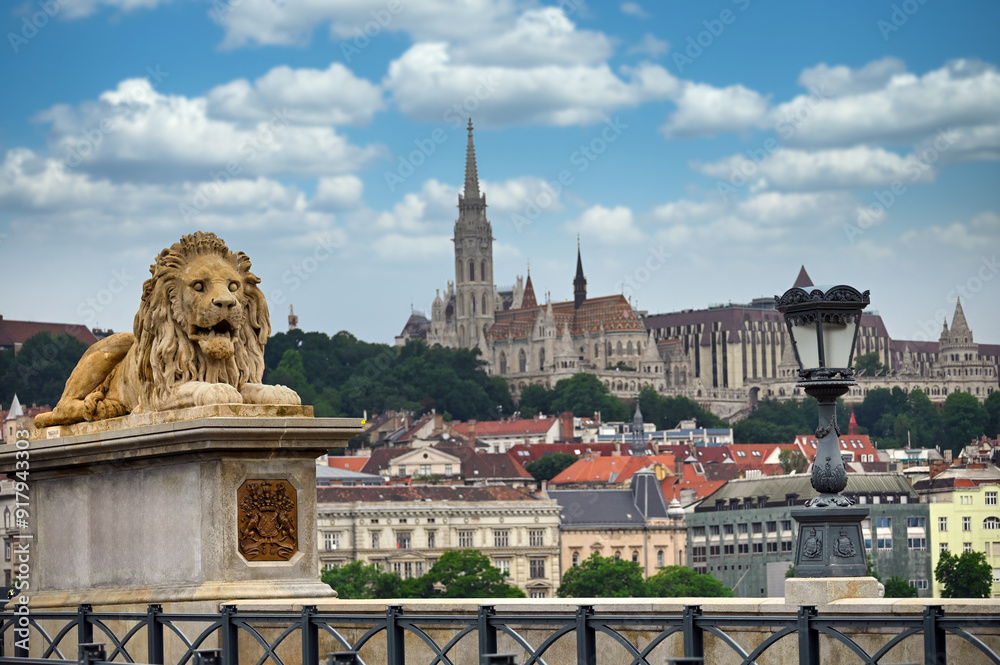 Wall mural lion sculptures of the chain bridge with the view of matthias church in budapest, hungary