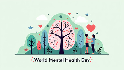 World Mental Health Day: Cute Couple in Nature with Brain Tree, Awareness and Support Illustration