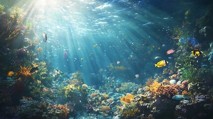 A vibrant underwater scene with a coral reef, tropical fish, and the sunlight shining through the water