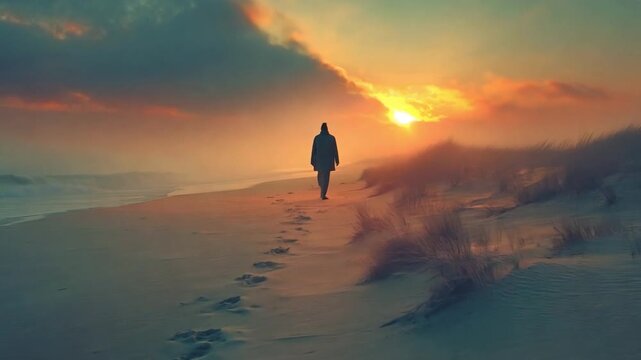 A man following God while strolling in the sand