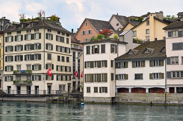 Naklejka premium Old buildings in Zurich Limmet riverside, Switzerland