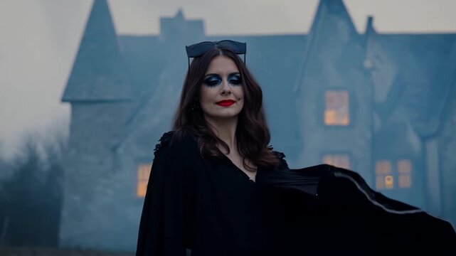 A cloaked figure stands confidently by a spooky old mansion as fog rolls in at dusk