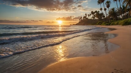 Obraz premium Tropical beach sunset with golden sunlight, serene ocean waves on sandy shore, palm trees silhouette against orange sky, peaceful coastal landscape