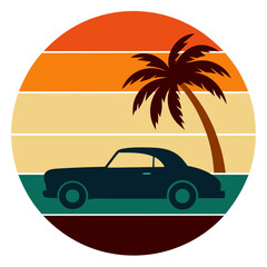 Retro Striped Car Silhouette in Circle - Trendy Vintage T-Shirt Design