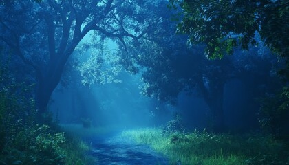 Obraz premium Ethereal Anime-Inspired Halloween Dreamscape: Radiant Magical Forest with Mystical Flora and Shimmering Mist. Surreal Landscape Evoking Serenity and Transcendent Beauty. Enchanting Winter Scene Blendi