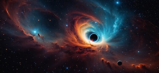 Fototapeta premium A vibrant depiction of a black hole in space with swirling galaxy colors and celestial bodies.