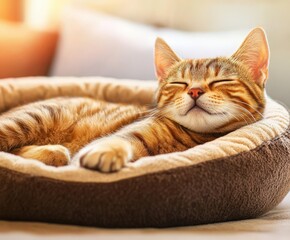 Cat peacefully resting in its bed indoors during the afternoon