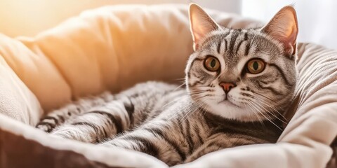 Cat relaxing peacefully in cozy bed indoors during the day