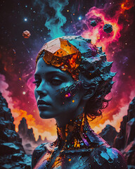 3d rendering of a female robot with cosmic background. 3d illustration.
