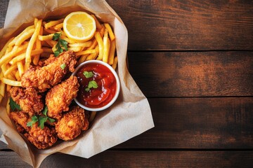 Crispy fried chicken with golden french fries tangy dipping sauce