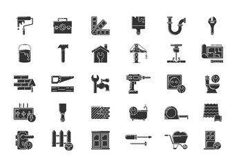 Set of 30 black glyph icons for construction, renovation, repair, and home improvement. Includes tools, equipment, and home features.