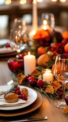 An elegantly decorated dining table for a festive occasion, featuring candles, fruits, and ornamental foliage.