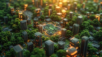 Obraz premium Circuit board design of the city, green trees and buildings