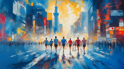 Dynamic abstract painting of marathon runners in Tokyo's bustling streets.