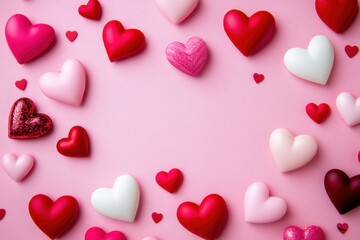 Valentine's day background with colorful hearts on pink