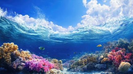 An underwater scene featuring a coral reef, with waves breaking above and the blue sky providing a backdrop.