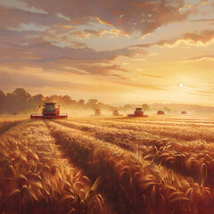 Fototapeta premium Harvester harvesting ripe wheat field in autumn with sunset. Concept of agriculture, agronomy and crop collection.