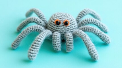 Cute handmade crochet spider on blue background