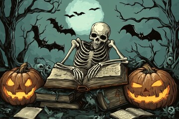 Skeletal figure reading jack-o'-lanterns in eerie Halloween setting