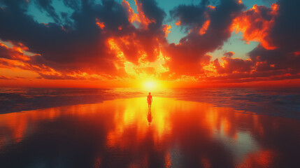 Fototapeta premium Silhouette of a person standing on a reflective beach at sunset