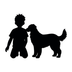 a boy with his dog are playing vector silhouette