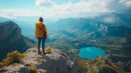 Fototapeta premium Lonely traveler standing on a mountain peak, overlooking a vast expanse